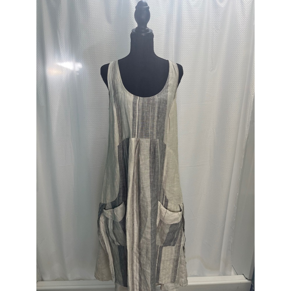 Banana Blue 100% Linen Lagenlook Striped Sleeveless Midi Dress Beige Grey Small